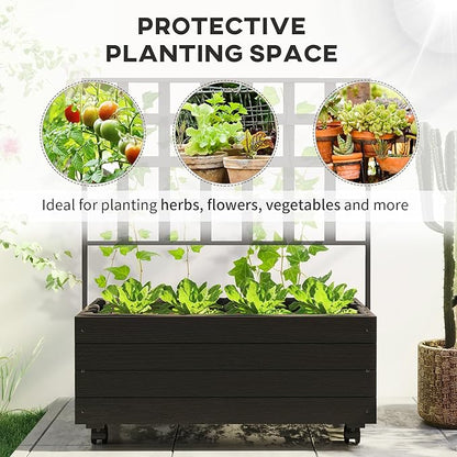 Outsunny Raised Garden Bed with Trellis and Wheels, Outdoor Wooden Elevated Planter Box, Freestanding Raised Flower Bed for Climbing Plants, Flowers, Herbs and Vegetables