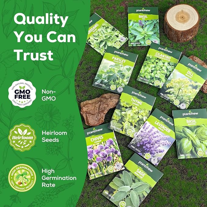 10 Herb Seeds Variety Pack - 7,000+ Heirloom Seeds - Basil, Cilantro, Lavender, Parsley, Dill, Thyme, Chives, Oregano, Sage, Herb Garden Kit for Planting Home Garden, Gardening Gift