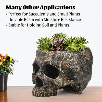 GameXcel Halloween Skull Candy Dish - Large Skull Candy Bowl for Trick or Treat - Skeleton Head Treat Container Planter or Desktop Halloween Decor - Bronze Resin