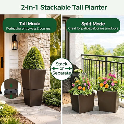 T4U Tall Planter for Outdoor Plants, 24.8 Inch Outdoor Planters for Porch Set of 2, Large Planter for Indoor & Outdoor Plants with Wheels Drainage Plug, Front Porch, Patio, for Home Decor (Dark Brown)