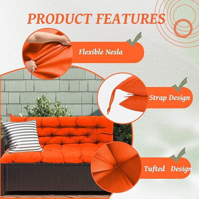 2/3 Seater Swing Replacement Cushion, Waterproof Porch Swing Cushions with Backrest, Thickened Bench Cushions for Outdoor Furniture, for Outdoor Patio Swing (Orange, 40 * 40 in)