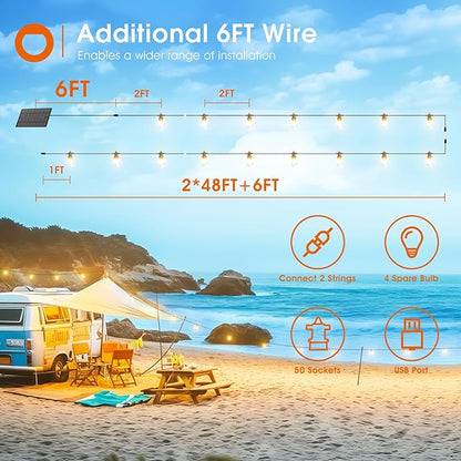 addlon 102FT(96+6) Solar String Lights Outdoor Waterproof with 6W Panel USB Charing & Remote Control Patio Lights Long Last for 20+Hrs Dimmable Solar Power LED Bulbs for Porch Garden Market Bistro