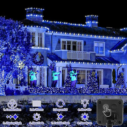 YEGUO 4 Pack Blue and White Solar Fairy Lights, Each 33ft 100 LED Christmas Lights Outdoor Waterproof, 8 Modes Sliver Wire Solar String Lights