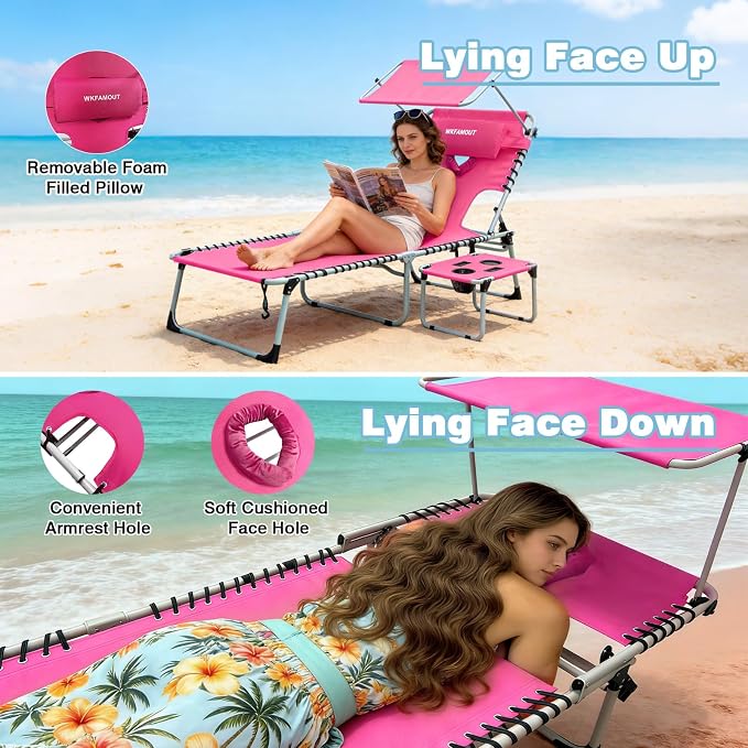 Outdoor Tanning Chair with Sun Canopy Shade & Face Hole, Folding Lounge Chair with Beach Table and Carry Bag for Poolside Sunbathing Lawn