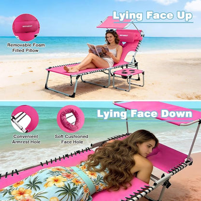 Outdoor Tanning Chair with Sun Canopy Shade & Face Hole, Folding Lounge Chair with Beach Table and Carry Bag for Poolside Sunbathing Lawn