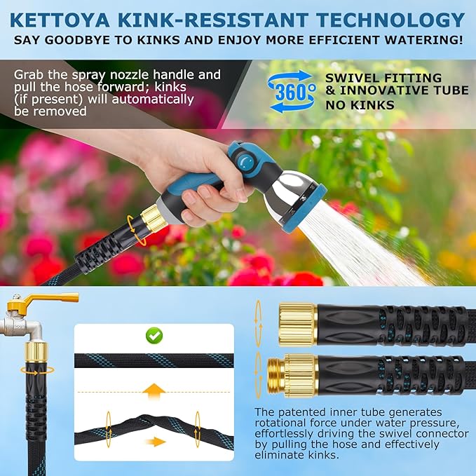 Non-Expanding Garden Hose 150 ft, Kink Free Flexible Water Hose with 10-Pattern Spray Nozzle, Lightweight Hose Pipe, Leak Proof, 3/4" Swivel Connectors, Super Fabric, Portable Storage Strap