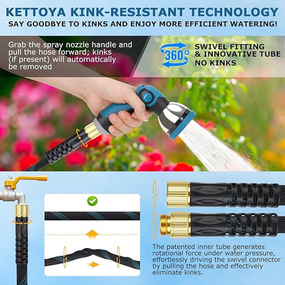 Non-Expanding Garden Hose 100 ft, Kink Free Flexible Water Hose with 10-Pattern Spray Nozzle, Lightweight Hose Pipe, Leak Proof, 3/4" Swivel Connectors, Super Fabric, Portable Storage Strap