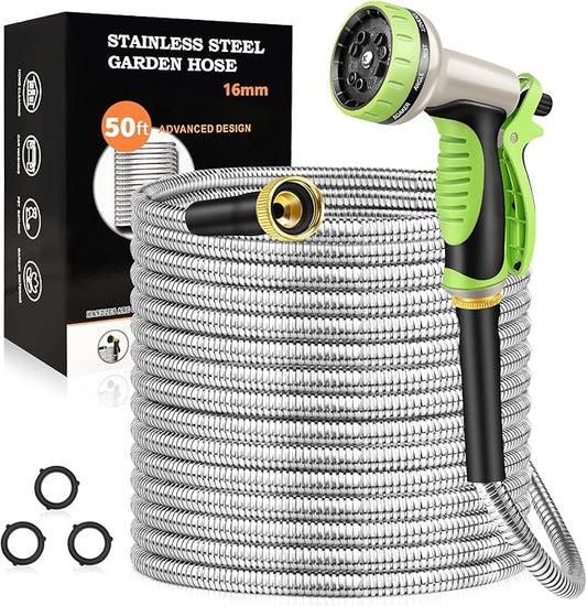 GOXAWEE Garden Hose 50FT, Stainless Steel Heavy Duty Water Hose With 10 Function Nozzle, No-Kink, Tough & Flexible, Sturdy and Lightweight, Rust Proof for Yard, Outdoor, RV