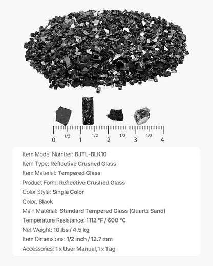 VEVOR Fire Glass, 10 LBS / 4.5 KG High-Temperature Resistant Fireplace Rocks, 1/2-Inch / 12.7 mm Reflective & Smokeless Firepit Glass Rock, High Luster Stone Landscaping for Fire Pit Table, Black