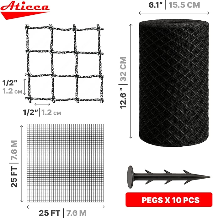 ATICCA Heavy Duty Bird Netting for Garden Protection & Fruit Trees, 25x25 Ft with 10 Stakes – Black Anti-Bird Net for Poultry, Deer, & Squirrel Protection, Durable Nylon Mesh for Garden and Yard Use