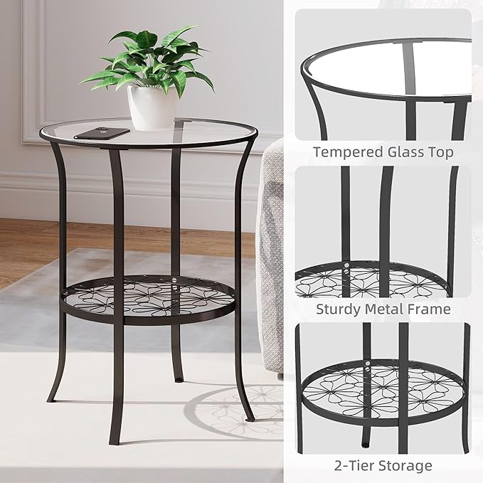 DDK 2-Tier Round Metal Side Table with Glass Top, Outdoor End Table for Patio or Balcony