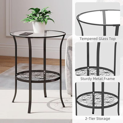 DDK 2-Tier Round Metal Side Table with Glass Top, Outdoor End Table for Patio or Balcony