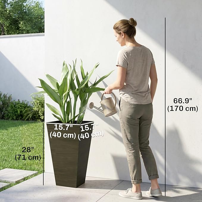 Outsunny Tall Planter for Outdoor Plants Set of 3, 28 Inch Taper Planter with Drainage Holes, Wood Grain Decor Garden Pot for Indoor Outdoor Porch Patio Backyard, Dark Brown