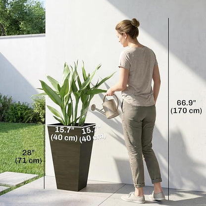 Outsunny Tall Planter for Outdoor Plants Set of 3, 28 Inch Taper Planter with Drainage Holes, Wood Grain Decor Garden Pot for Indoor Outdoor Porch Patio Backyard, Dark Brown
