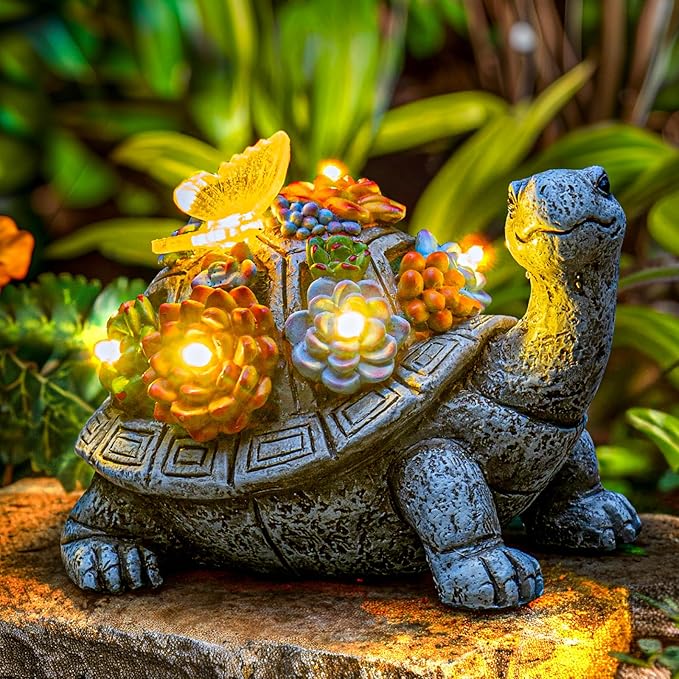 Solar Garden Outdoor Statues with Succulent and 7 LED Lights - Lawn Decor Tortoise Statue for Patio, Balcony, Yard Ornament - Unique Housewarming Gifts (Gray Turtle)