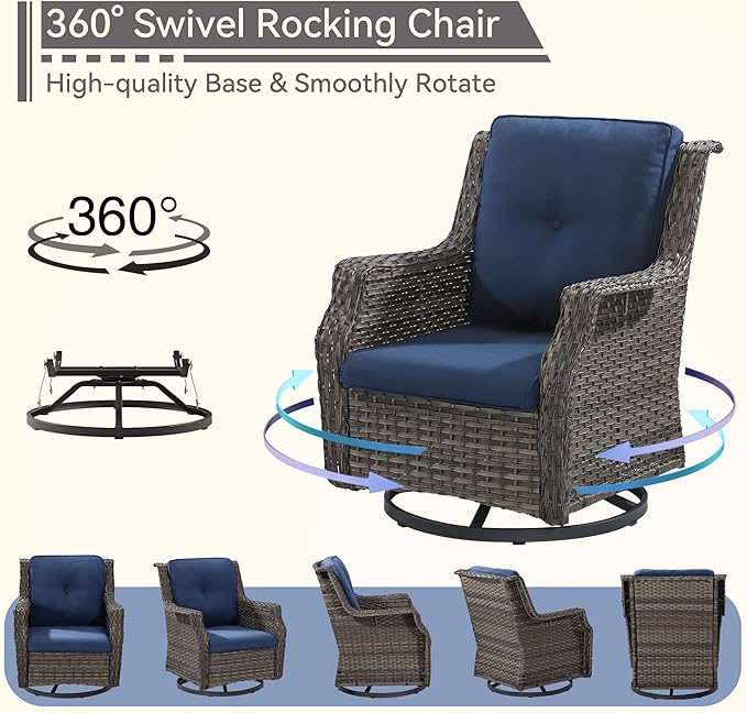 Outdoor Swivel Rocker Patio Chair with Matching Side Table - 360 Degree Patio Swivel Glider Chair with 3.5" Olefin Cushions(Mixed Grey/Blue)