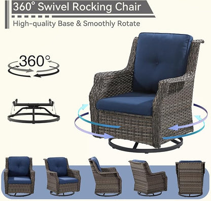 Outdoor Swivel Rocker Patio Chair with Matching Side Table - 360 Degree Patio Swivel Glider Chair with 3.5" Olefin Cushions(Mixed Grey/Blue)