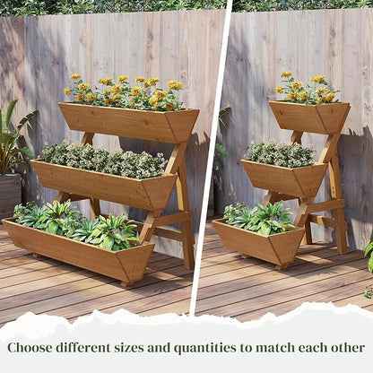 3-Tier Wooden Vertical Raised Garden Bed with Legs, Tiered Planter Box, Vertical Garden Planter,Wood Plant Stand Wood Flower Rack for Patio, Balcony, Freestanding. (Brown-Small)