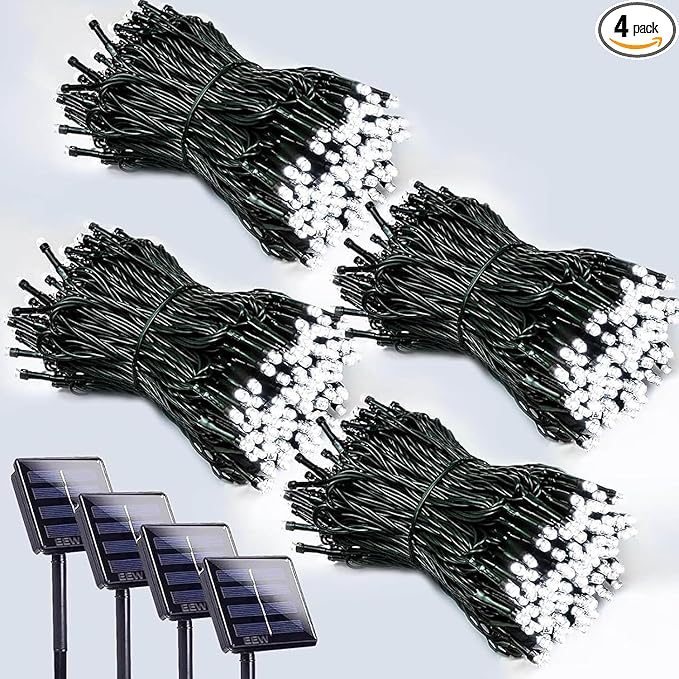 4 Pack 400 LED Solar String Lights for Outside, Solar Christmas Lights Outdoor with 8 Lighting Modes, Waterproof Green Wire Solar Powered Tree Light for Xmas Party Yard Garden Decorations (Cool White)