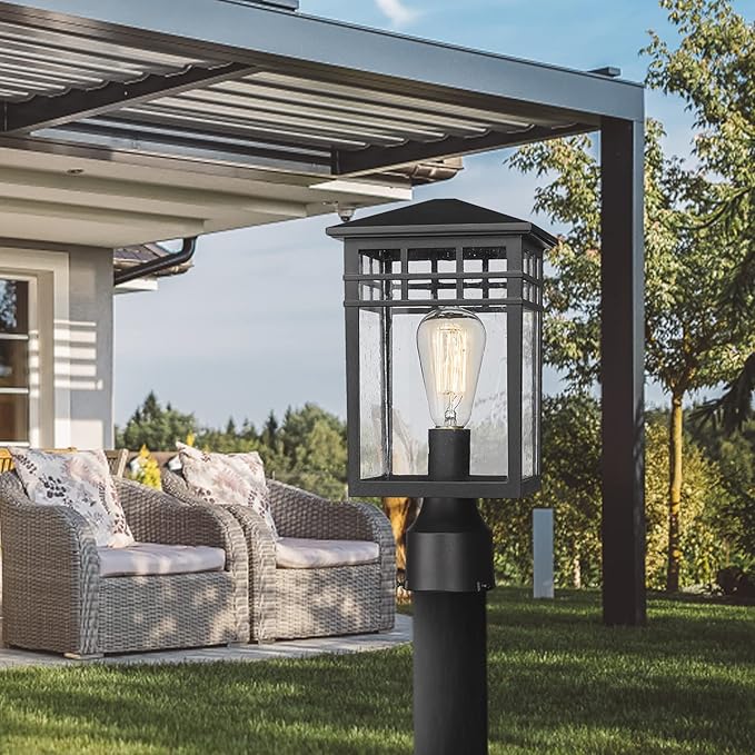 Outdoor Post Light Fixture, Modern Exterior Pillar Lantern with Black Finish & Seeded Glass, Pole Light for Garden, Backyard, Courtyard, Patio, Porch, RZ009-P BK