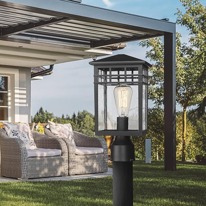 Outdoor Post Light Fixture, Modern Exterior Pillar Lantern with Black Finish & Seeded Glass, Pole Light for Garden, Backyard, Courtyard, Patio, Porch, RZ009-P BK