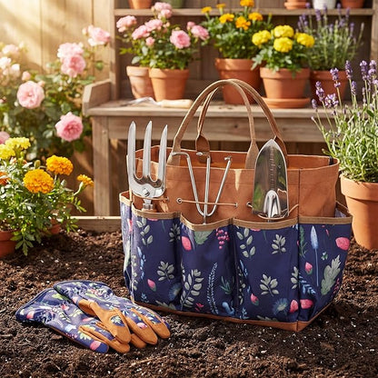 Lothee 8 Pcs Gardening Tool Set 12.6x6.3x10.4 Inch Multi-Pocket Large Floral Tote Bag with Leather Gloves Stainless Steel Garden Tools Kit for Digging Planting Weeding Pruning, Garden Gift for Women