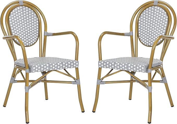 SAFAVIEH PAT4014A-SET2 Outdoor Collection Rosen Navy and White French Bistro Stacking Arm Chair