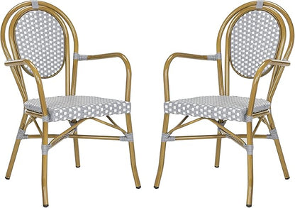 SAFAVIEH PAT4014A-SET2 Outdoor Collection Rosen Navy and White French Bistro Stacking Arm Chair