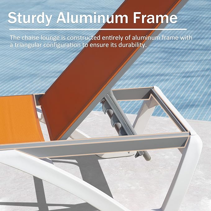 Domi Outdoor Lounge Chair, Aluminum Lounge Chair for Outside with 5 Position Adjustable Backrest, Outdoor Chaise Lounge for Beach, Yard, Balcony, Poolside(1 Orange Chair W/O Table)