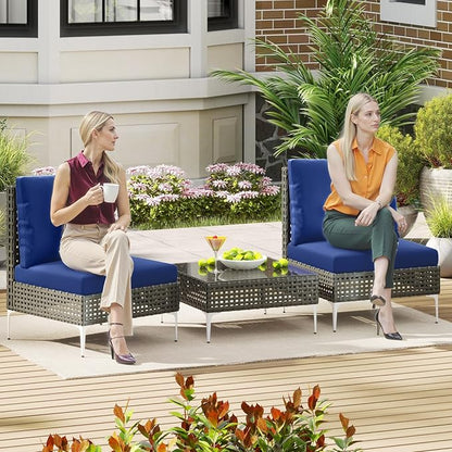 Tangkula 3 Pieces Patio Furniture Set, PE Rattan Conversation Chairs with Tempered Glass Coffee Table, Soft Back & Seat Cushions, Heavy Duty Metal Frame, Outdoor Bistro Set for Garden & Pool (Navy)
