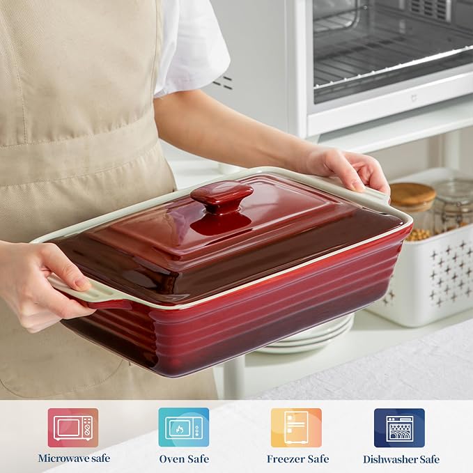 LOVECASA 4.5 Quart Ceramic Casserole Dish with Lid – Oven, Microwave & Dishwasher Safe Bakeware for Family Meals, Lasagna, Roasting, Rectangular Stoneware 9x13 Baking Pan, Gradient Red