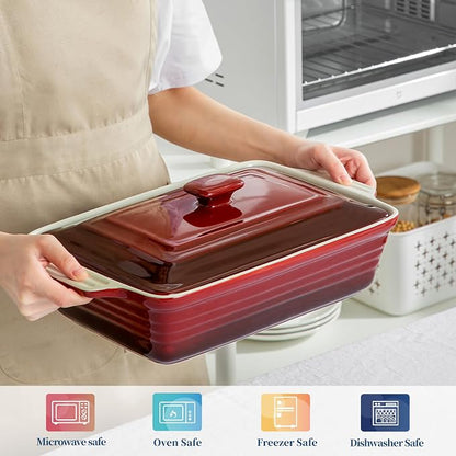 LOVECASA 4.5 Quart Ceramic Casserole Dish with Lid – Oven, Microwave & Dishwasher Safe Bakeware for Family Meals, Lasagna, Roasting, Rectangular Stoneware 9x13 Baking Pan, Gradient Red
