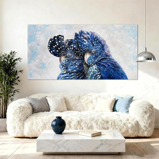 YETHEN WAL Blue Parrot Wall Art, Oversized Blue Bird Canvas Print, Cobalt Textured Animal Artwork for Living Room Bedroom Hallway, 29×58 Inch