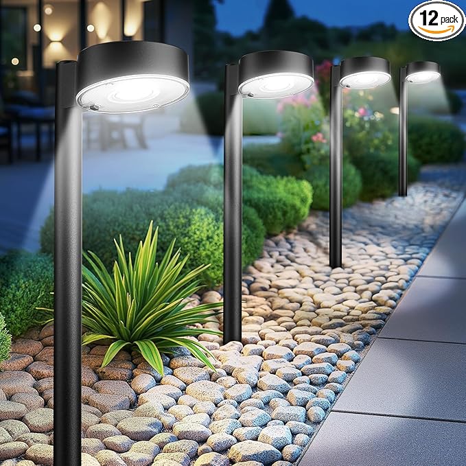 Ahaorigin 12 Pack Solar Pathway Lights Outdoor, 12 Brighter LED Solar Lights Outdoor Waterproof, Up to 12 Hrs Modern Path Light for Yard Garden Walkway Driveway Lawn, Cool White