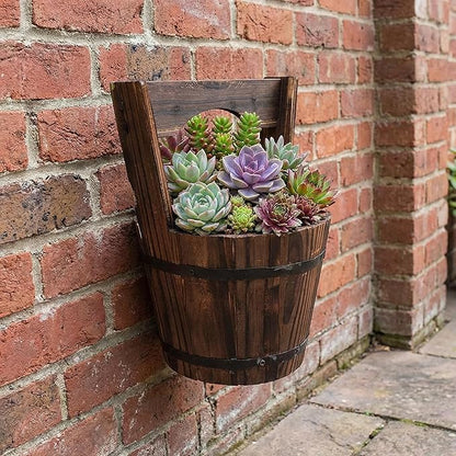 Rustic Wooden Wall Hanging Planter, Decorative Wishing Well Style Half-Barrel Plant Pot for Indoor Outdoor Garden, Vertical Flower Bucket for Fence, Patio & Porch Decor