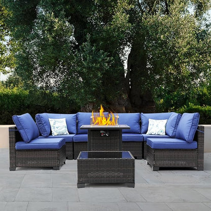 8 Pieces Patio Furniture Set with 28" Fire Pit Table, Wicker Outdoor Sectional Couch, Rattan Conversation Set for Backyard, Deck, Garden Lawn, Brown/Blue
