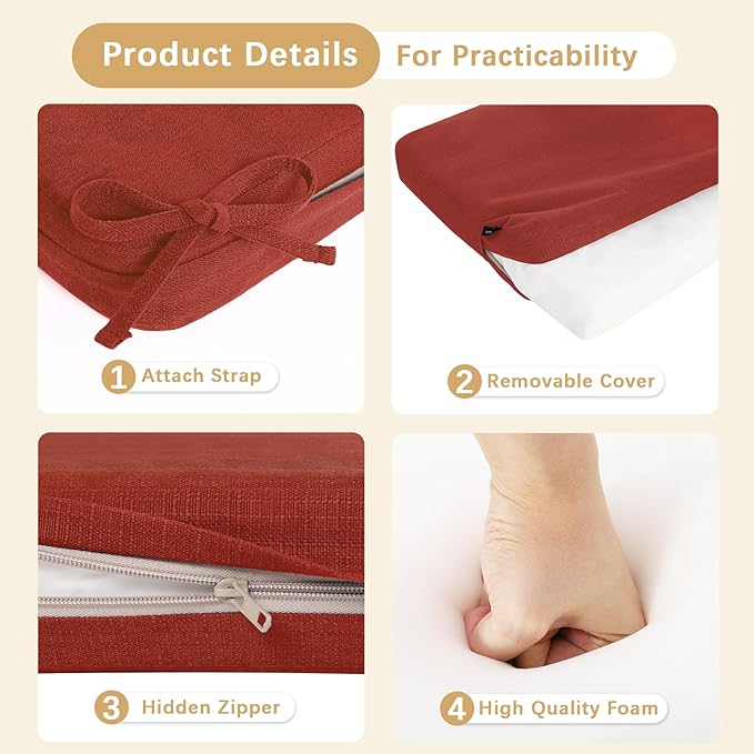 Favoyard Outdoor Bench Cushion 36 x 14 Inch Rainproof Patio Furniture Cushions 3-Year Color Fastness Garden Settee Porch Pads with Ties, Red