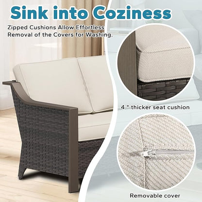 Patio Metal Swivel Chairs with Ottomans Set of 2, Conversation Furniture Set - 360 Degree Glider Rocker Chairs | 2 Wicker Ottomans, Washable Cushions (Beige and Brown Stripe)