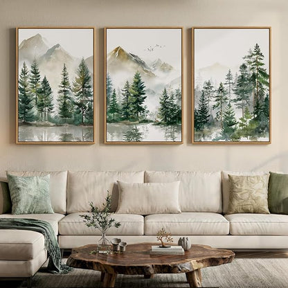 Framed Forest Mountain Landscape Wall Art for Living Room, 3 Piece Green Pine Tree Canvas Artwork for Walls, Large Watercolor Nature Foggy Scenic Painting Print for Bedroom Office Wall Decor, 24x36 In