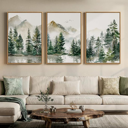 Framed Forest Mountain Landscape Wall Art for Living Room, 3 Piece Green Pine Tree Canvas Artwork for Walls, Large Watercolor Nature Foggy Scenic Painting Print for Bedroom Office Wall Decor, 24x36 In