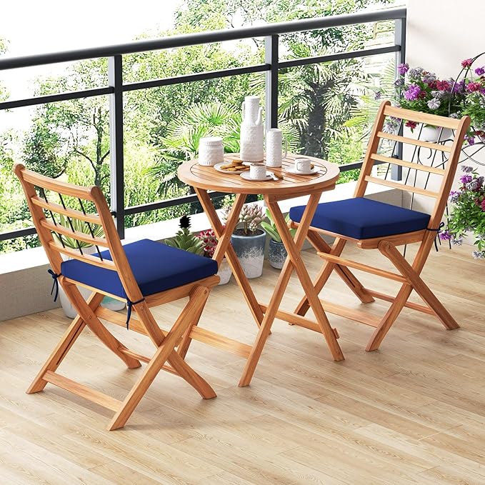HAPPYGRILL 3 Pieces Acacia Wood Patio Bistro Set, Folding Outdoor Table and Chairs Set with Cushions, Outdoor Patio Furniture Set for Porch, Balcony, Deck, Garden, Backyard (Navy)