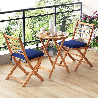 HAPPYGRILL 3 Pieces Acacia Wood Patio Bistro Set, Folding Outdoor Table and Chairs Set with Cushions, Outdoor Patio Furniture Set for Porch, Balcony, Deck, Garden, Backyard (Navy)