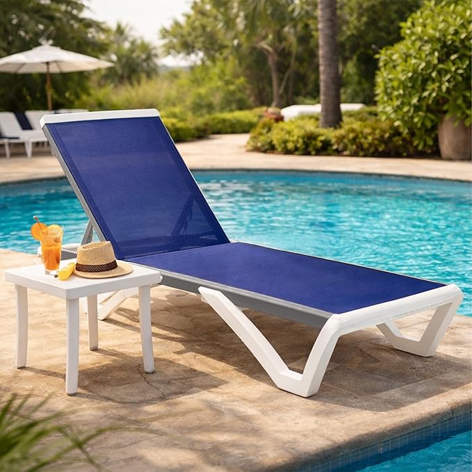 Kozyard Outdoor Chaise Lounge Chair Set, Fully Flat Adjustable Patio Lounger with Aluminum Frame & Resin Legs, Textilene Fabric for Poolside, Backyard & Beach (Navy Blue, Chair +Table)