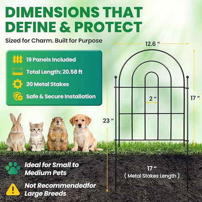 Garden Fence Panels – 20.58ft(L) x 17"（H）Arched Fencing with Tool-Free Install, Metal Fence Panels Rustproof Outdoor Barrier for Yard, Patio, Flower Beds, Dog Barrier, Decor Garden Edging