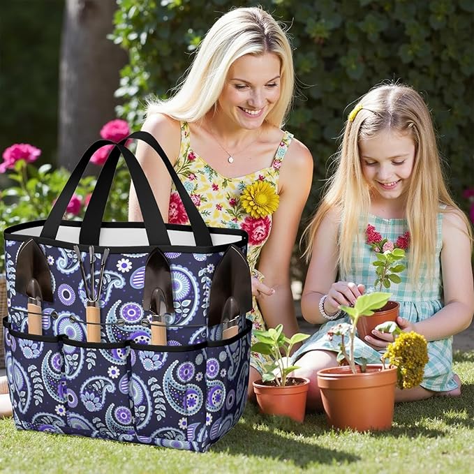 Paisley Garden Tool Bag - Waterproof Garden Tote with 8 Pockets, Large Storage Home Organizer Gardening Tool Oxford Bag for Garden Tools Kits Holder, Ideal Outdoor Gardening Gift for Women & Men