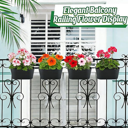 MADHOLLY Railing Planter with Drainage Holes - Sturdy Bucket Pots for Railing Fence, Countryside Style Metal Flower Pots for Herbs Balcony Garden Yard Decor, 4Pcs, Black