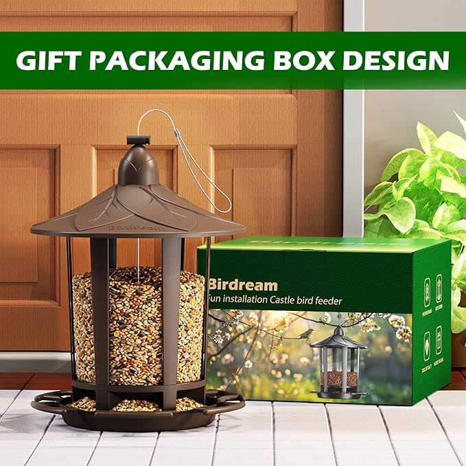 Birdream Bird Feeders for Outdoor Hanging, Assembly Required, 1-Min Easy Setup, Charming Castle Design, Attracting Cardinals Chickadees Goldfinches & Sparrows - Brown