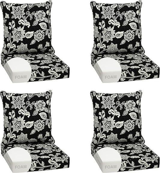 Arden Outdoor Foam Deep Seat Cushion Set (4-Pack), 24x24, Premium High-Density Foam, Never Flattens, Weather-Proof for Patio Chair Sofa Couch, Ashland Black Jacobean
