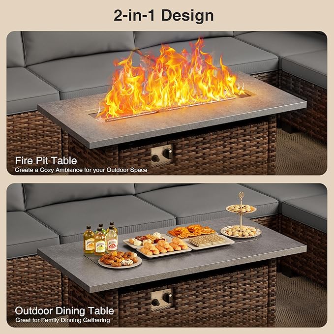 8 Pieces Outdoor Patio Furniture Set with 44.9" Fire Pit Table, All-Weather Wicker Outdoor Patio Sectional Set with Coffee Table, for Garden Backyard