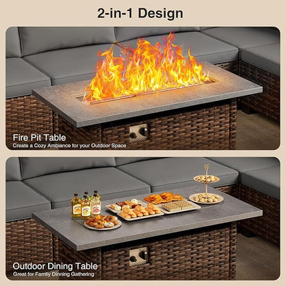 8 Pieces Outdoor Patio Furniture Set with 44.9" Fire Pit Table, All-Weather Wicker Outdoor Patio Sectional Set with Coffee Table, for Garden Backyard